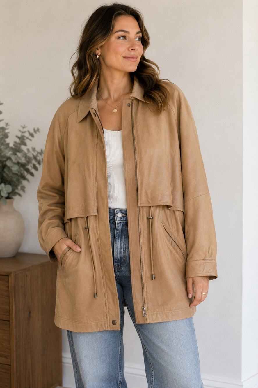 Vintage Nordstrom Genuine Leather Jacket Women’s Large Tan Utility Trench Coat